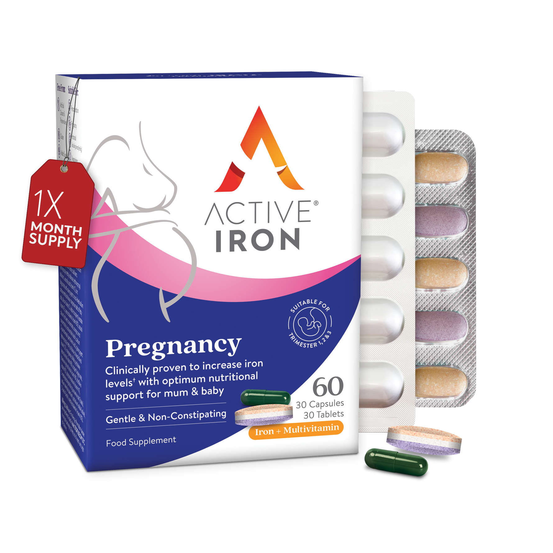 Active Iron Pregnancy | Iron + Time-Release Multivitamin Specially Formulated for Pregnancy | 30 Iron Capsules (25mg) + 30 Multivitamin Tablets | 30 Day Supply