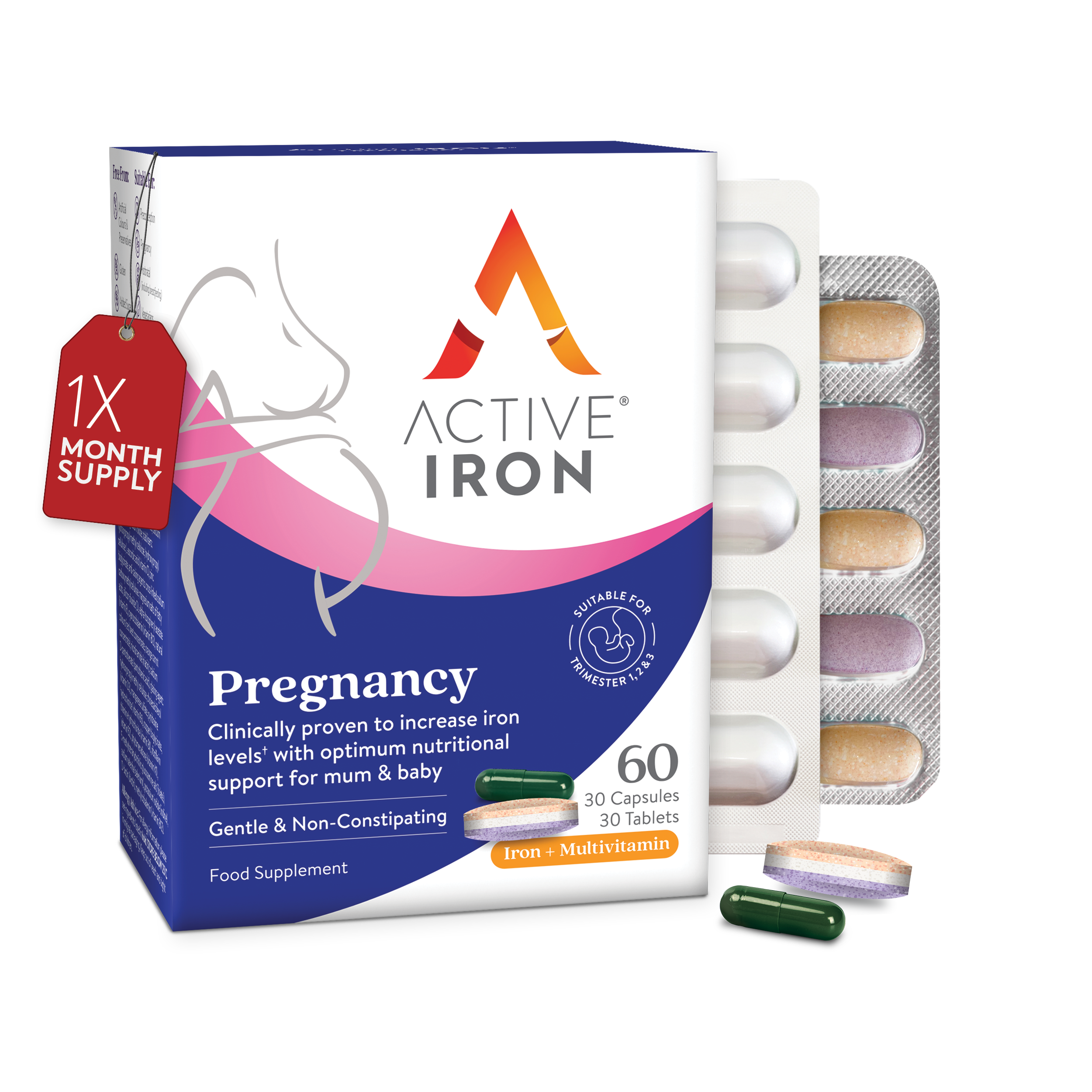 Active Iron Pregnancy | Iron + Time-Release Multivitamin Specially Formulated for Pregnancy | 30 Iron Capsules (25mg) + 30 Multivitamin Tablets | 30 Day Supply