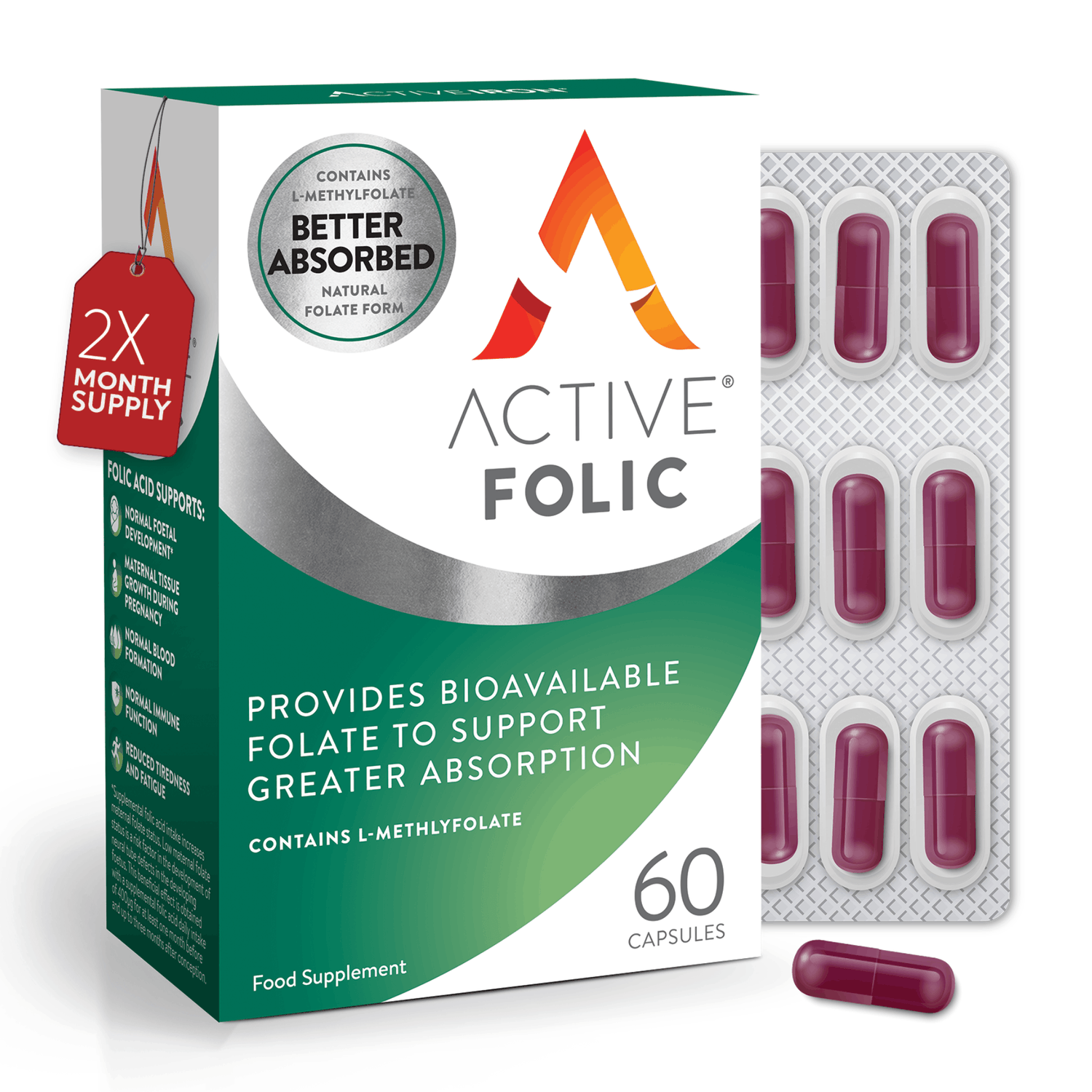 Active Folic | L-Methylfolate for Better Absorption | 60 Capsules (400mcg) | 60 Day Supply