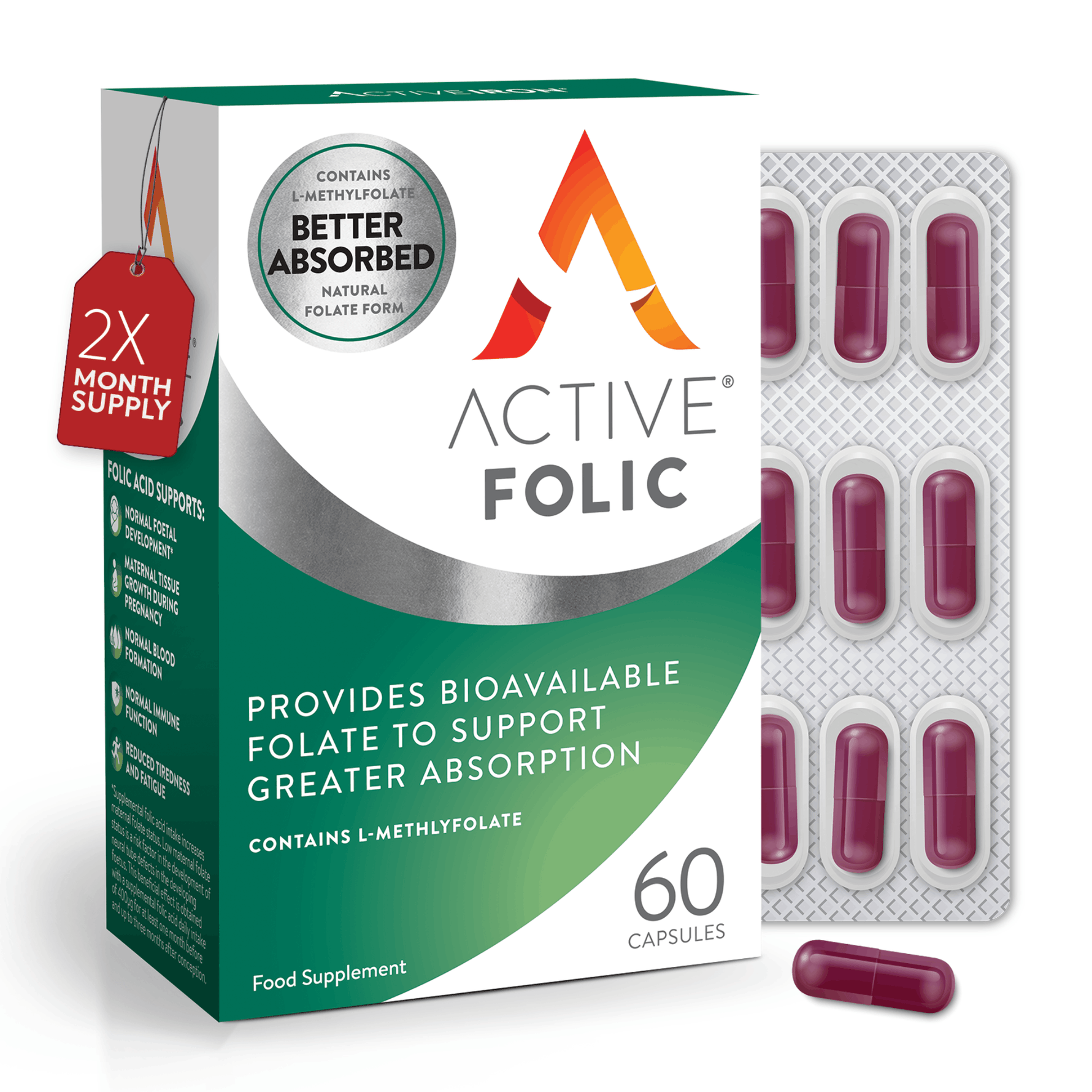 Active Folic | L-Methylfolate for Better Absorption | 60 Capsules (400mcg) | 60 Day Supply
