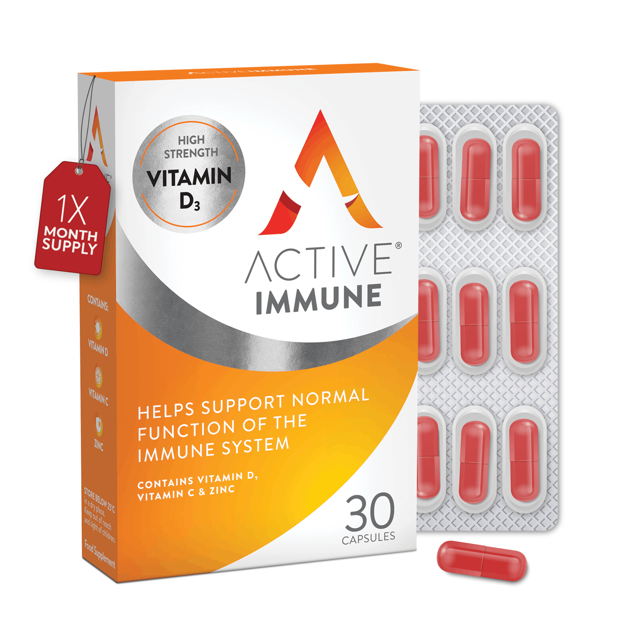 Active Immune | Vitamin D, C & Zinc | 30 Capsules| 30 Day Supply