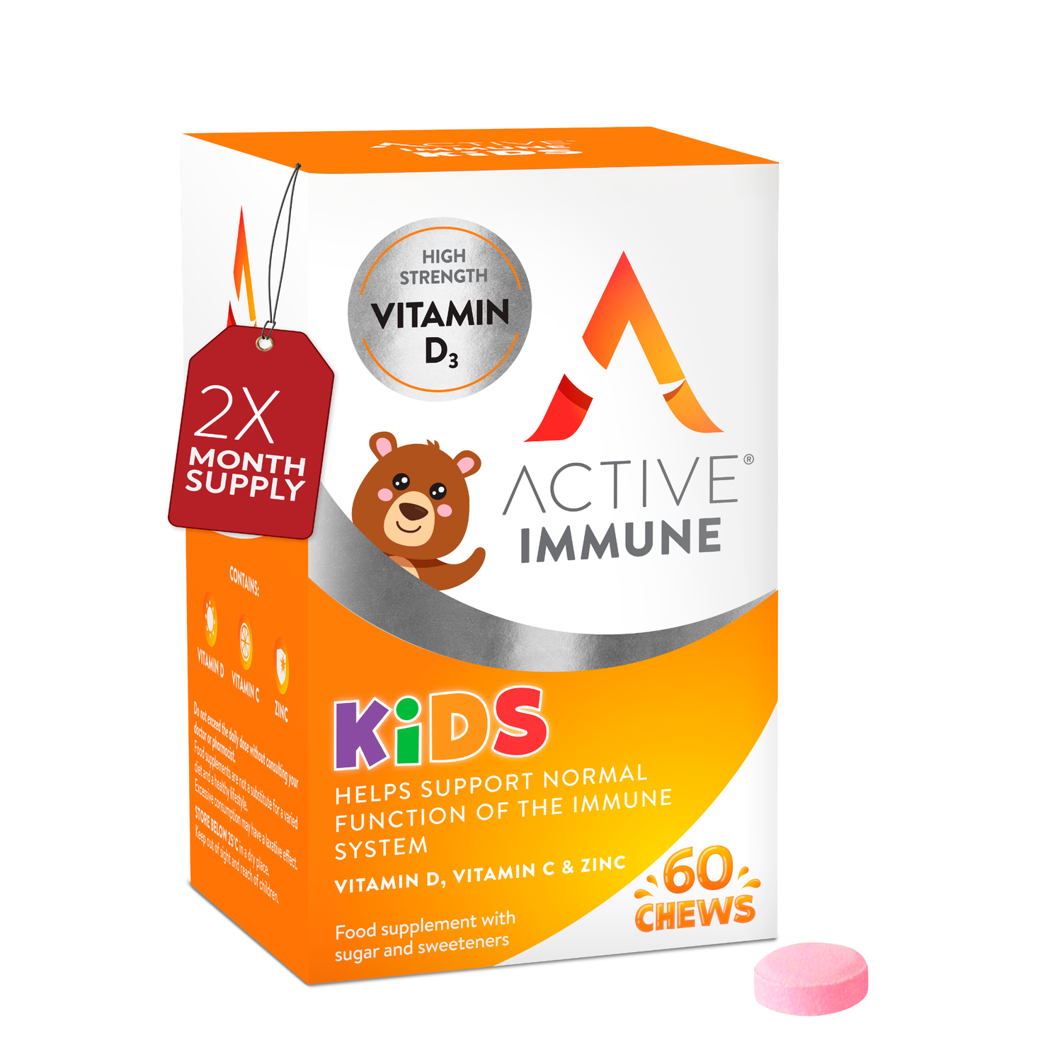 Active Immune Kids | Vitamin D, C & Zinc | 60 Orange Flavour Chews| 60 Day Supply