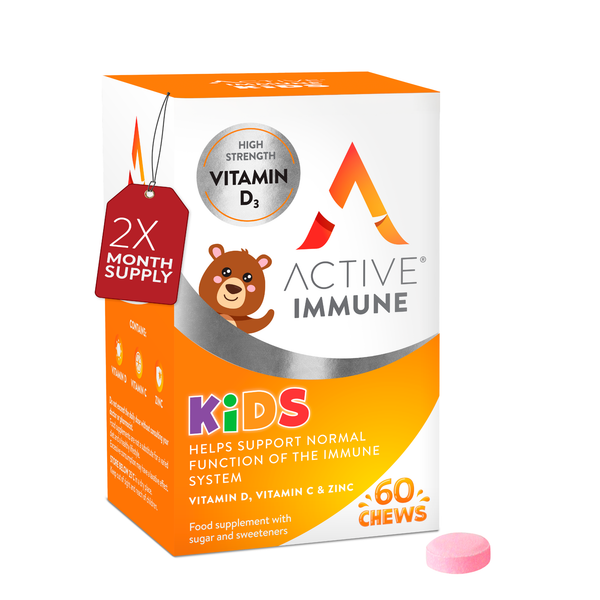 Active Immune Kids | Vitamin D, C & Zinc | 60 Orange Flavour Chews| 60 Day Supply