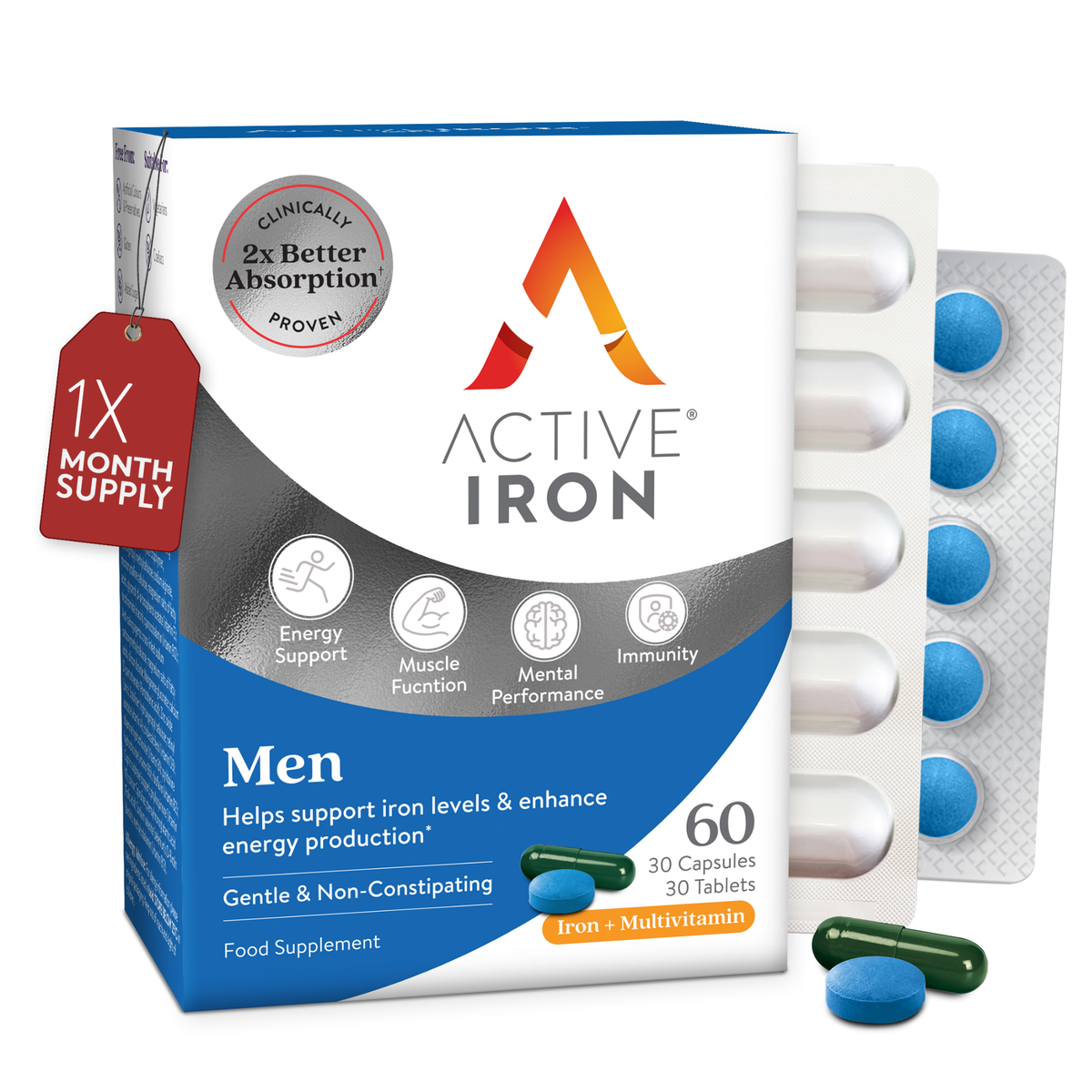 Active Iron Men | Iron + Complete Multivitamin for Men | 30 Iron Capsules + 30 Multivitamin Tablets | 30 Day Supply