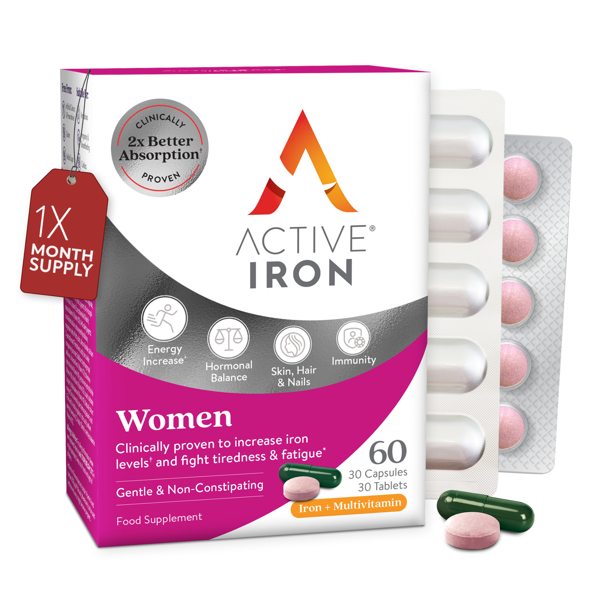 Active Iron Women | Iron + Complete Multivitamin for Women | 30 Iron Capsules + 30 Multivitamin Tablets | 30 Day Supply