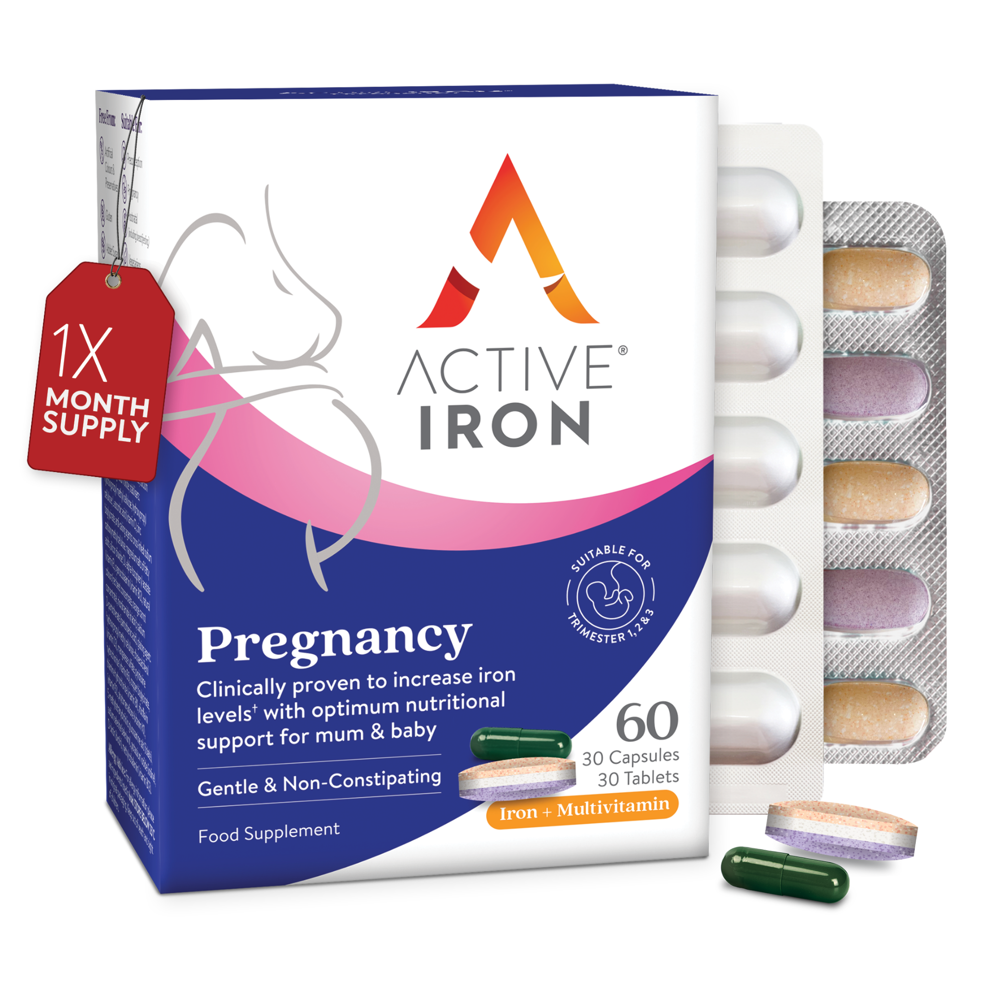 Active Iron Pregnancy | Iron + Time-Release Multivitamin Specially Formulated for Pregnancy | 30 Iron Capsules (25mg) + 30 Multivitamin Tablets | 30 Day Supply