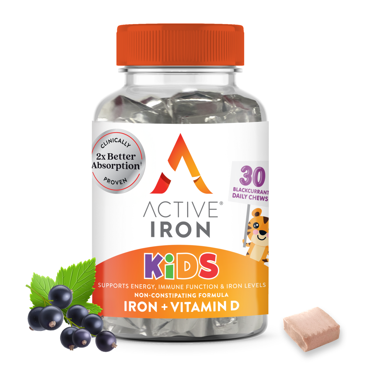 Active Iron Kids | Iron + Vitamin D | 30 Blackcurrant Soft Chews | 30 Day Supply