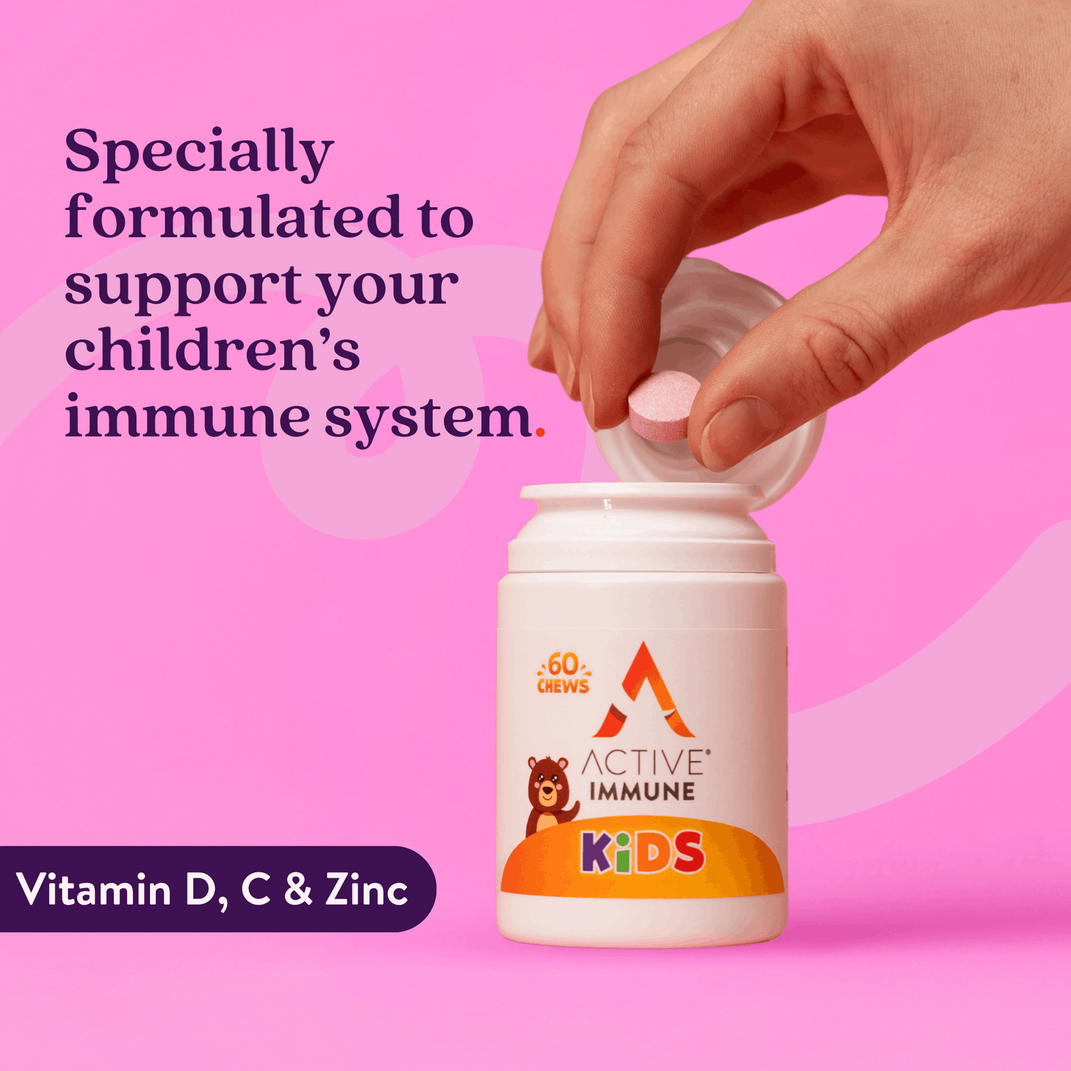 Active Immune Kids | Vitamin D, C & Zinc | 60 Orange Flavour Chews| 60 Day Supply