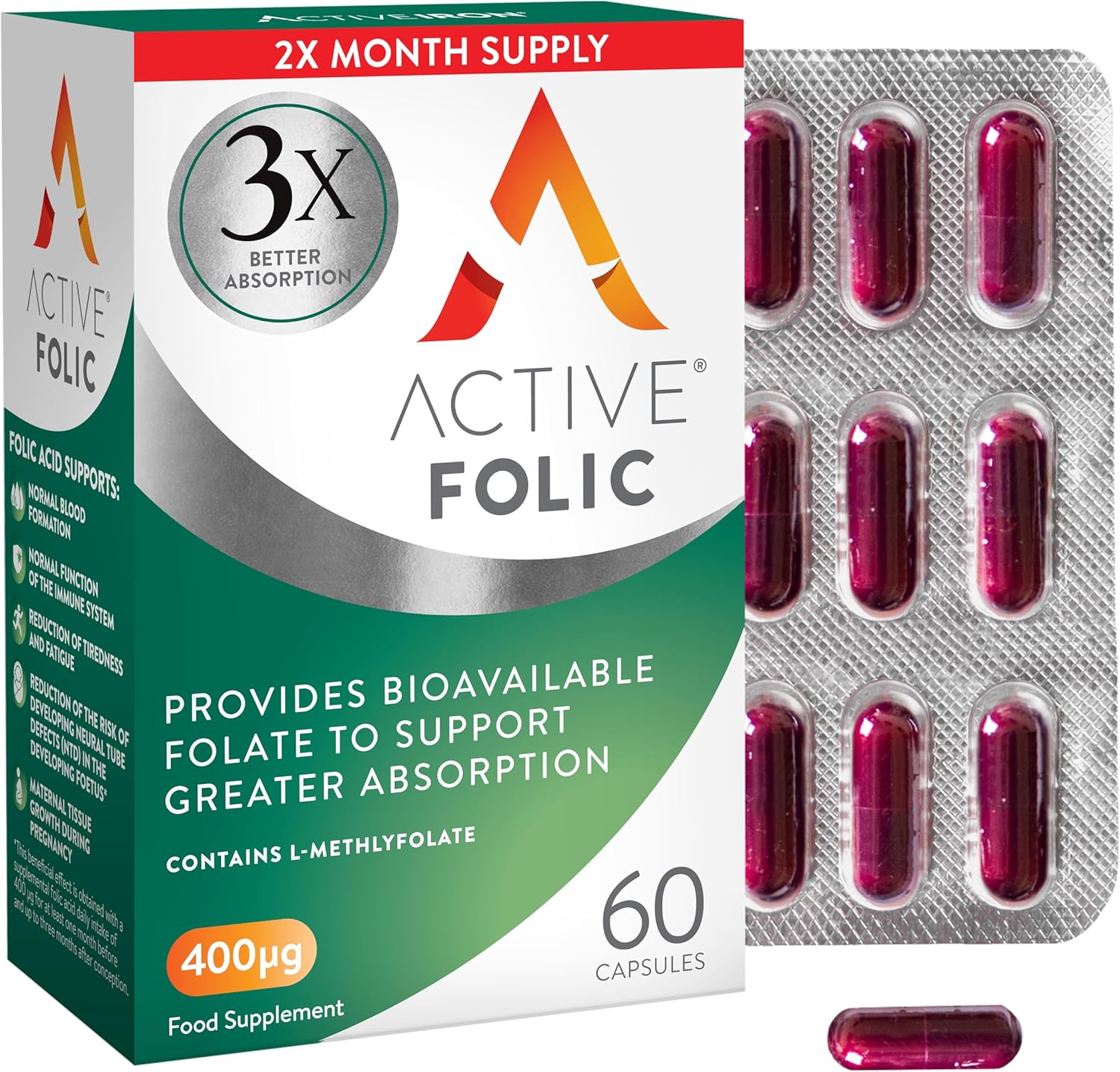 Active Folic | L-Methylfolate for Better Absorption | 60 Capsules (400mcg) | 60 Day Supply