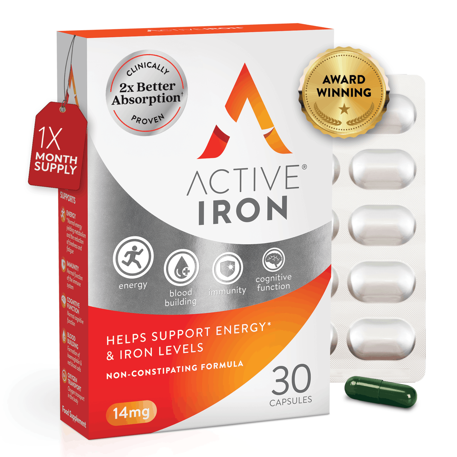Active Iron| 14mg Non-Constipating Iron | 30 Iron Capsules | 30 Day Supply