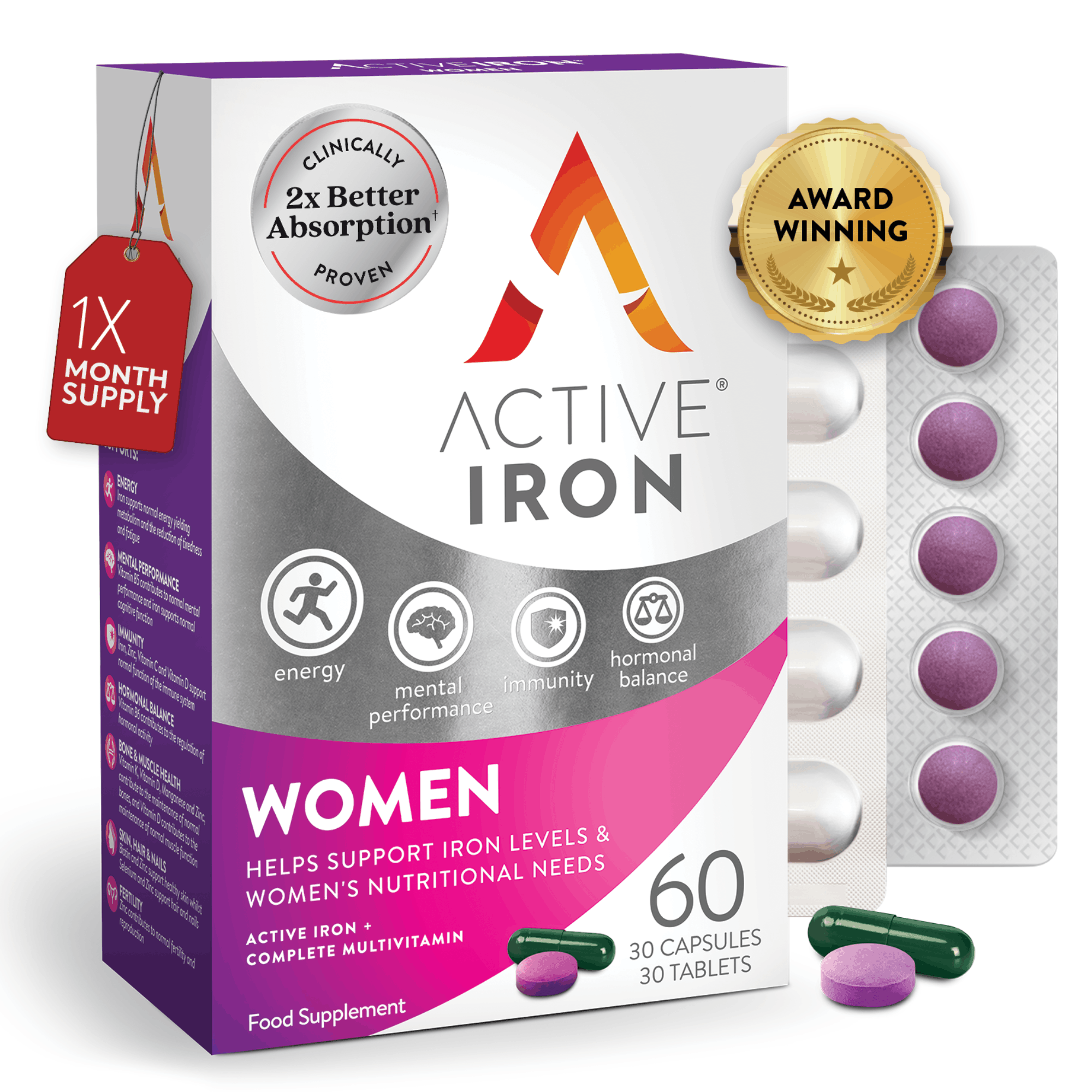 Active Iron Women | Iron + Complete Multivitamin for Women | 30 Iron Capsules + 30 Multivitamin Tablets | 30 Day Supply