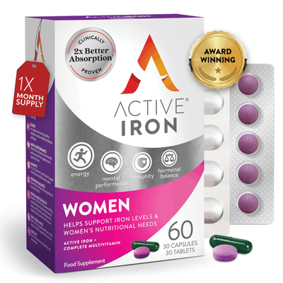 Active Iron Women | Iron + Complete Multivitamin for Women | 30 Iron Capsules + 30 Multivitamin Tablets | 30 Day Supply