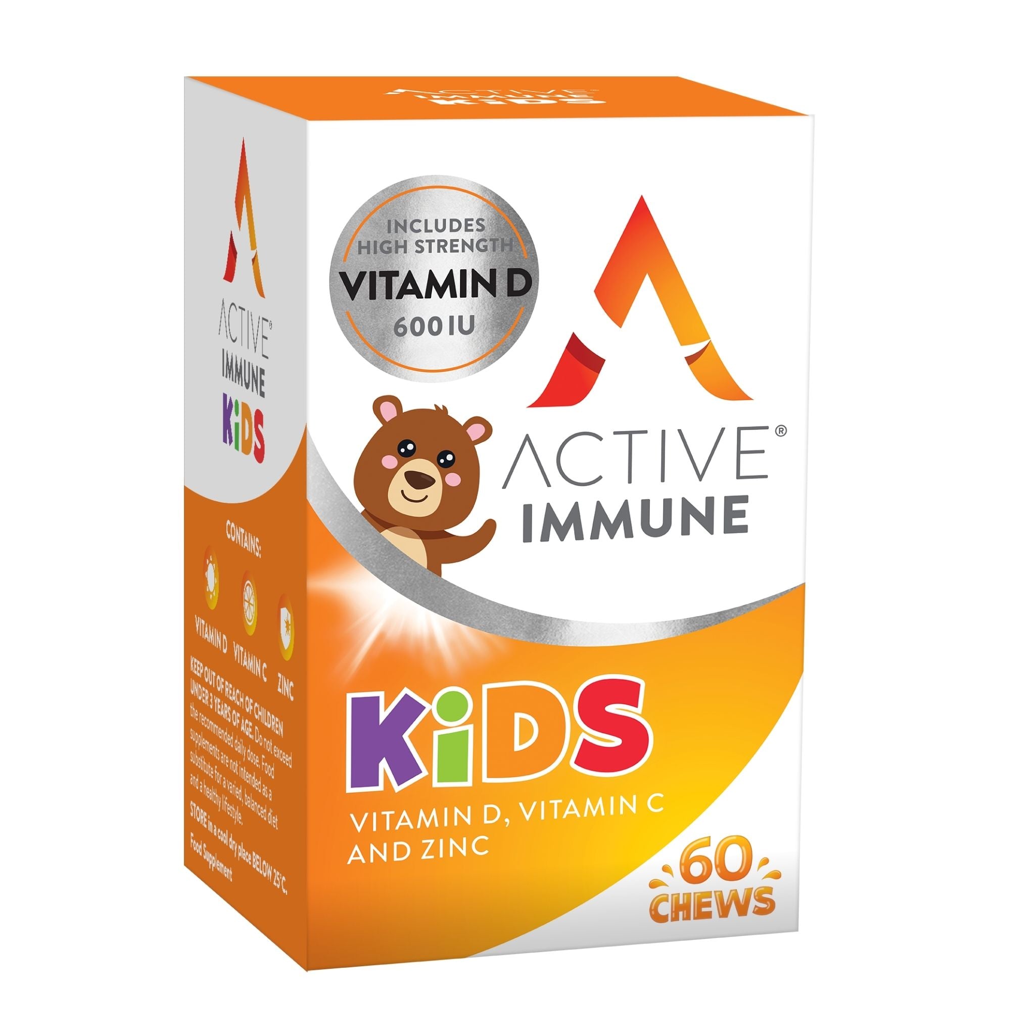 Active Immune for Kids | Vitamins D C and Zinc | Vitamins for Kids Immune System | 60 Orange Flavoured Chews