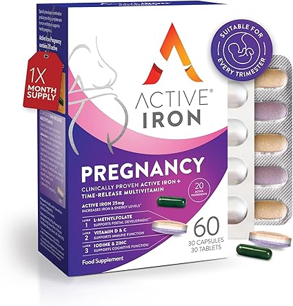 Active Iron Pregnancy | Iron + Time-Release Multivitamin Specially Formulated for Pregnancy | 30 Iron Capsules (25mg) + 30 Multivitamin Tablets | 30 Day Supply