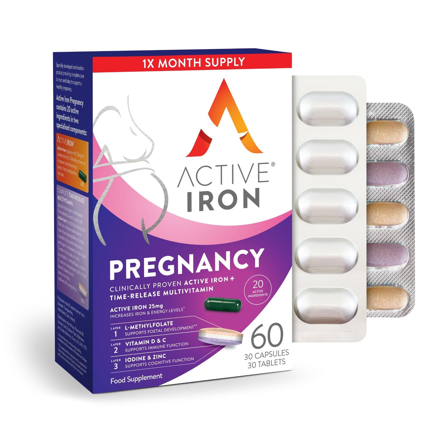 Active Iron Pregnancy | 30 x 25 mg Iron Capsules & 30 x Triple Layer Multivitamin Tablet | 30 Day Supply